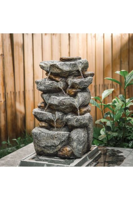 Living and Home 19in Solar Rockery Waterfall Fountain LED Lights Indoor/Outdoor Water Feature Black Stone-Effect Resin Decor in Natural - image 1