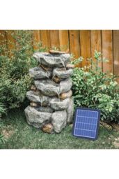 Living and Home 19in Solar Rockery Waterfall Fountain LED Lights Indoor/Outdoor Water Feature Black Stone-Effect Resin Decor in Natural - thumbnail 2