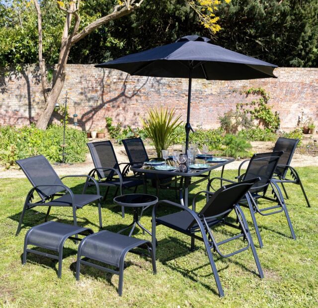 Hectare 6 Seater Dining Set With Parasol Reclining Chairs Glass Table in Grey - image 1
