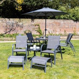 Hectare 6 Seater Dining Set With Parasol Reclining Chairs Glass Table in Grey - thumbnail 2
