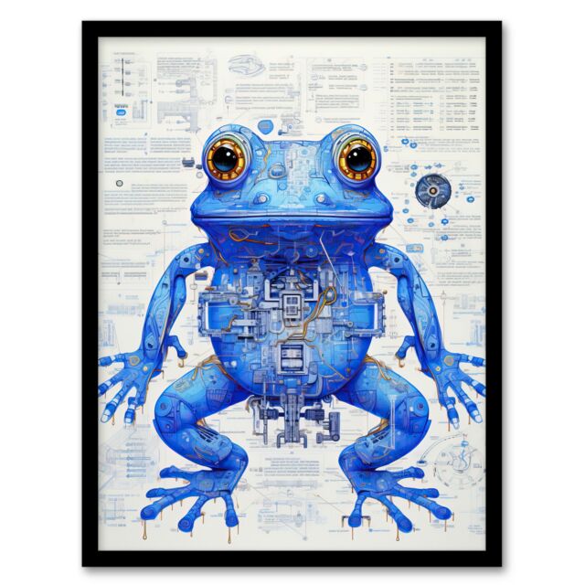 Artery8 Blue Frog Robot Hybrid Schematic Blueprint Futuristic Secret Complex Arcane Manuscript Gift For Him Man Cave Art Print Framed Poster Wall - image 1
