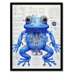 Artery8 Blue Frog Robot Hybrid Schematic Blueprint Futuristic Secret Complex Arcane Manuscript Gift For Him Man Cave Art Print Framed Poster Wall - thumbnail 1