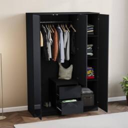 Kelvenix Black Modern Gloss 3 Door 2 Drawer Wardrobe Storage - Size: 0.6m2 - thumbnail 5