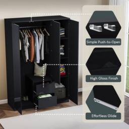 Kelvenix Black Modern Gloss 3 Door 2 Drawer Wardrobe Storage - Size: 0.6m2 - thumbnail 4