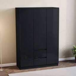 Kelvenix Black Modern Gloss 3 Door 2 Drawer Wardrobe Storage - Size: 0.6m2 - thumbnail 3