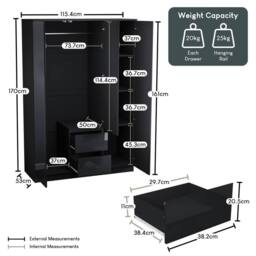 Kelvenix Black Modern Gloss 3 Door 2 Drawer Wardrobe Storage - Size: 0.6m2 - thumbnail 2