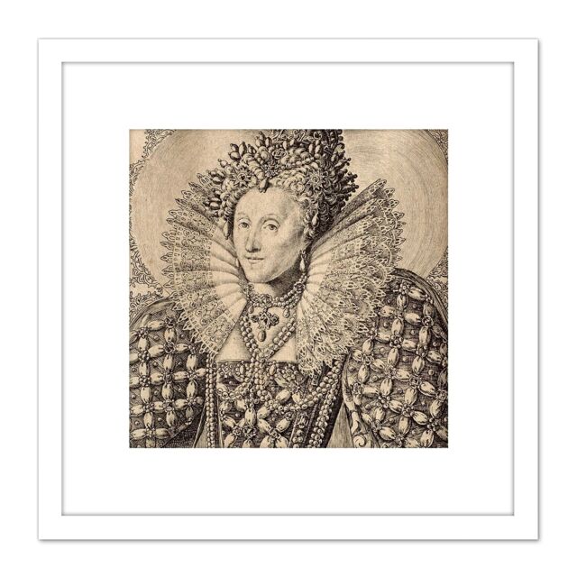 Artery8 Queboorn Queen Elizabeth England Engraving 8X8 Inch Square Wooden Framed Wall Art Print Picture with Mount in White - image 1