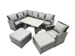 Fimous 9 Seat Rattan High Back Corner Sofa Set with Big Stool in Dark Grey - thumbnail 2