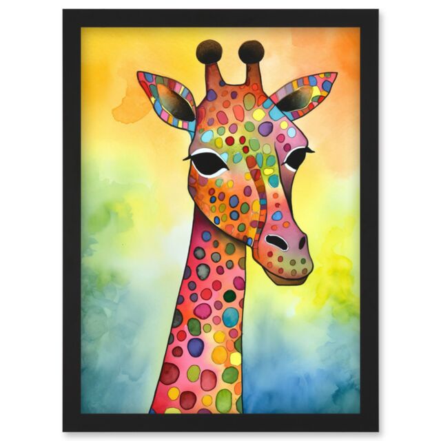 Artery8 Giraffe With Multicolour Pattern Folk Art Watercolour Painting Artwork Framed Wall Art Print A4 in Black - image 1