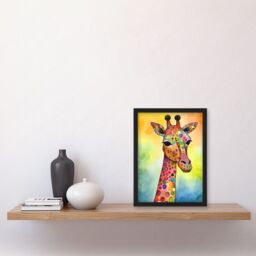 Artery8 Giraffe With Multicolour Pattern Folk Art Watercolour Painting Artwork Framed Wall Art Print A4 in Black - thumbnail 2