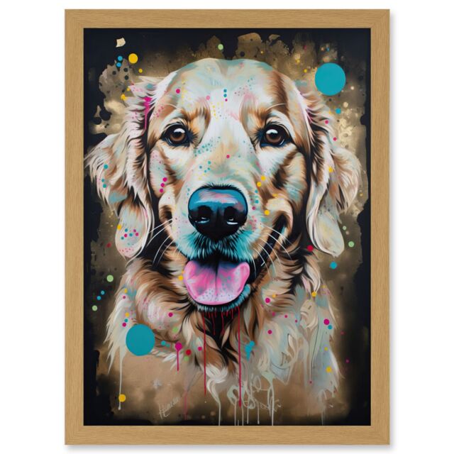 Artery8 Happy Smiling Golden Retriever Dog Portrait Artwork Framed Wall Art Print A4 in Light Oak - image 1