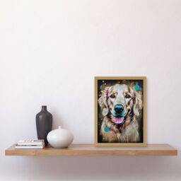 Artery8 Happy Smiling Golden Retriever Dog Portrait Artwork Framed Wall Art Print A4 in Light Oak - thumbnail 2