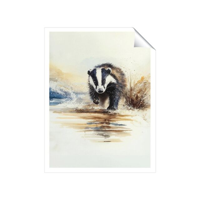"Warren Reed - Designer Wading Badger Watercolour Unframed Art Print - Size: W20"" x H30""" - image 1