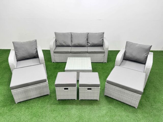 Fimous PE Rattan Lounge Sofa Set with Coffee Table 3 Seater Sofa 4 Footstools in Light Grey - image 1