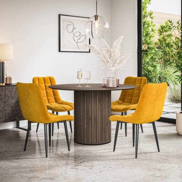 More4Homes Arlo Walnut Table Top W Walnut Legs + Nova Velvet Dining Chair Set Of 6 in Mustard - image 1