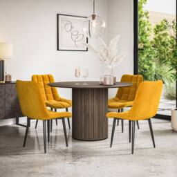 More4Homes Arlo Walnut Table Top W Walnut Legs + Nova Velvet Dining Chair Set Of 6 in Mustard - thumbnail 1