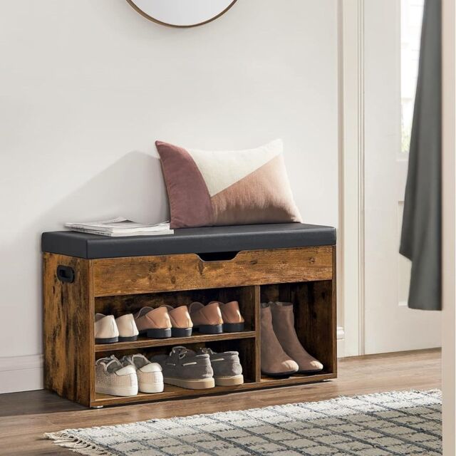 VASAGLE Medium Shoe Storage Bench with Cushion 3 Compartments Padded Seat in Brown - image 1