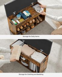 VASAGLE Medium Shoe Storage Bench with Cushion 3 Compartments Padded Seat in Brown - thumbnail 8