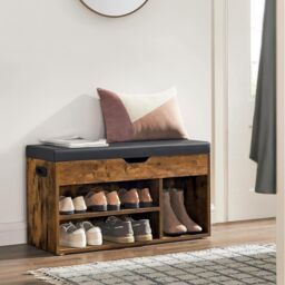 VASAGLE Medium Shoe Storage Bench with Cushion 3 Compartments Padded Seat in Brown