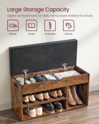 VASAGLE Medium Shoe Storage Bench with Cushion 3 Compartments Padded Seat in Brown - thumbnail 4