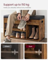 VASAGLE Medium Shoe Storage Bench with Cushion 3 Compartments Padded Seat in Brown - thumbnail 5