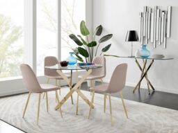 FurnitureboxUK Novara 100cm Round Tempered Glass Dining Table with Gold Legs & 4 Corona Faux Leather Chairs in Beige