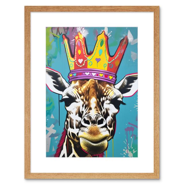 "Artery8 Wall Art Print Giraffe With Queen Birthday Crown Modern Pop Artwork Framed 9X7 Inch in Beige - Size: W7"" x H9""" - image 1