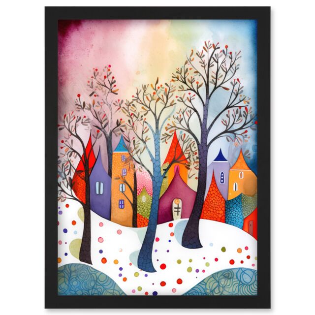 Artery8 Winter Whimsy Forest Village Folk Art Artwork Framed Wall Art Print A4 in Black - image 1