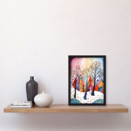 Artery8 Winter Whimsy Forest Village Folk Art Artwork Framed Wall Art Print A4 in Black - thumbnail 2