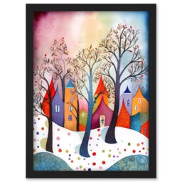 Artery8 Winter Whimsy Forest Village Folk Art Artwork Framed Wall Art Print A4 in Black - thumbnail 1