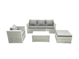 Fimous Rattan Garden Furniture Set with 3 Seater Sofa Chair Rectangular Coffee Table Big Footstool Light Grey Mixed 5 Seater - thumbnail 2