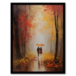 "Artery8 Wall Art Print Romantic Stroll Oil Painting Orange Red Autumn Forest Landscape Bedroom Art Framed - Size: W12"" x H16""" - thumbnail 1