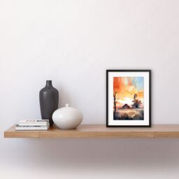 Artery8 Wall Art Print Sunrise Clouds over Countryside Farmhouse Cabin with Old Windmill Tower Modern Watercolour Painting Artwork Framed 9X7 Inch - thumbnail 2