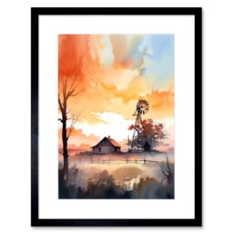 Artery8 Wall Art Print Sunrise Clouds over Countryside Farmhouse Cabin with Old Windmill Tower Modern Watercolour Painting Artwork Framed 9X7 Inch - thumbnail 1
