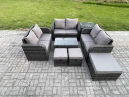 Fimous Outdoor Garden Furniture Sets 9 Seater Wicker Rattan Furniture Sofa Sets with Rectangular Coffee Table Love Sofa 3 Footstools Side Table - thumbnail 1