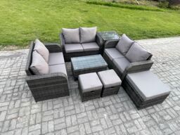 Fimous Outdoor Garden Furniture Sets 9 Seater Wicker Rattan Furniture Sofa Sets with Rectangular Coffee Table Love Sofa 3 Footstools Side Table - thumbnail 2