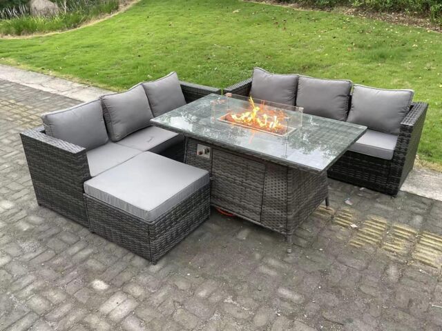 Fimous Outdoor Rattan Garden Furniture Sofa Set Gas Fire Pit Dining Table Gas Heater Burner With 3 Seater Sofa in Dark Grey - image 1
