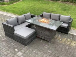Fimous Outdoor Rattan Garden Furniture Sofa Set Gas Fire Pit Dining Table Gas Heater Burner With 3 Seater Sofa in Dark Grey - thumbnail 3