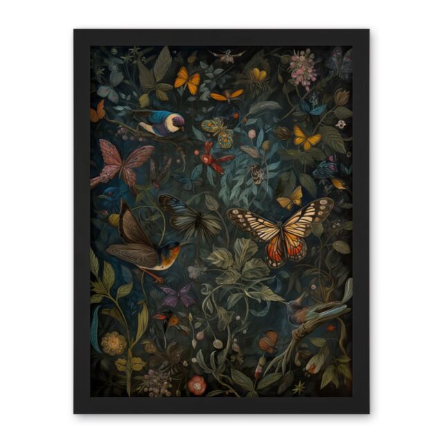 "Artery8 Wall Art Print William Morris Style Plants Birds & Butterflies Large Framed Wall Décor Art in White - Size: W18"" x H24""" - image 1