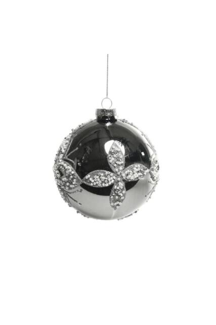 KDMD Glass Pewter Bauble with Flowers 10cm 2 Pack in Grey - image 1