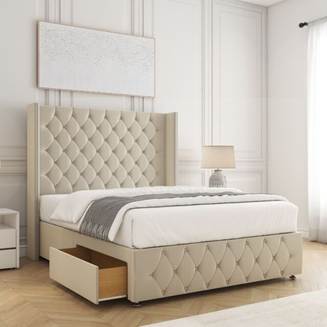 "BSSPOKE Mayfair Plush Divan Bed 54"" Headboard 2 Drawers footend & No Mattress in Cream - Size: King" - image 1
