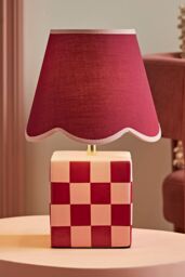 ValueLights Evie Ceramic Check Cube Table Lamp with Trim Linen Scallop Lamp Shade in Burgundy