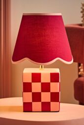 ValueLights Evie Ceramic Check Cube Table Lamp with Trim Linen Scallop Lamp Shade in Burgundy - thumbnail 2