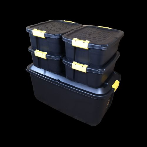 Samuel Alexander 1 x 145L & 4 x 24L Heavy Duty Lockable & Stackable Storage Tub Chest with Clips in Black - image 1