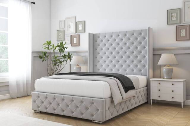 "Comfort Beds Emily Plush Bed Frame - 50"" Upholstered Wingback Headboard in Silver - Size: Double" - image 1
