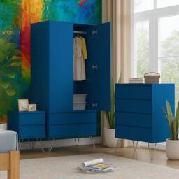 Harmin Modern 3 Piece Navy Bedroom Furniture Set - Wardrobe, Chest & Bedside - thumbnail 4