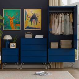 Harmin Modern 3 Piece Navy Bedroom Furniture Set - Wardrobe, Chest & Bedside - thumbnail 2