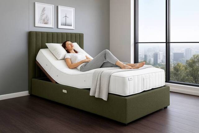 PARADISE BEDS LTD Relief Rise Electric Adjustable Bed Set With Mattress & Headboard in Olive - Size: Small Single - image 1