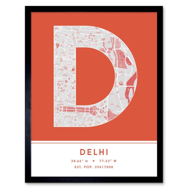 "Wee Blue Coo Wall Art Print Delhi India City Map Modern Typography Stylish Letter Framed Word in Orange - Size: W12"" x H16""" - image 1