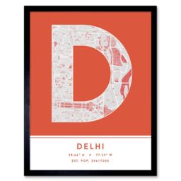 "Wee Blue Coo Wall Art Print Delhi India City Map Modern Typography Stylish Letter Framed Word in Orange - Size: W12"" x H16""" - thumbnail 1